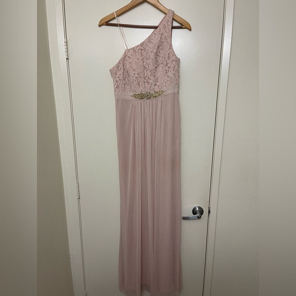 Elegant One-Shoulder Pink Lace Dress Size 6